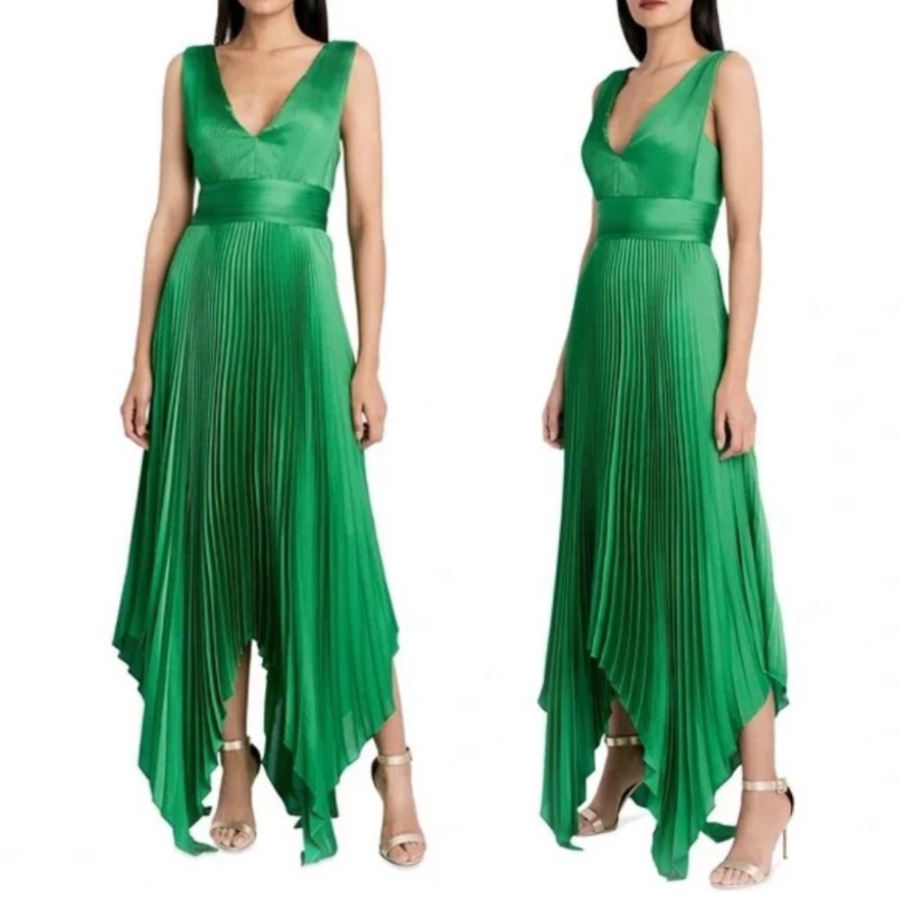 BCBGMAXAZRIA Asymmetrical Evening Pleated Gown Satin V-neck Green Size 6